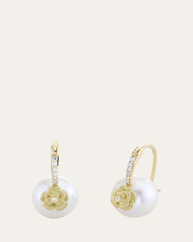 14K Gold & Diamond Rose Pearl Earrings